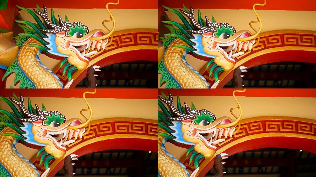 宗教色彩斑斓的龙雕塑。中国传统风格的神社装饰有装饰品