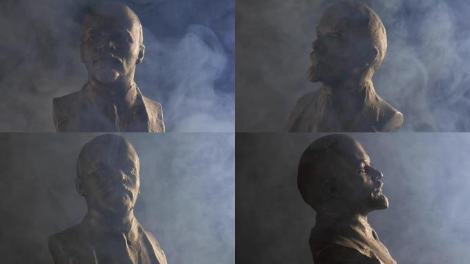 黑色背景上的弗拉基米尔·列宁 (Vladimir Lenin) 旋转的半身像烟雾。苏联和公社时代的历
