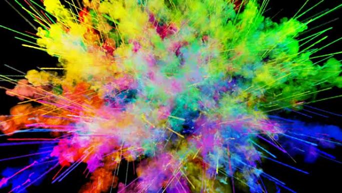 黑色背景上孤立的粉末爆炸。粒子的3d动画作为彩色背景或叠加效果。彩虹色粉的爆发，如胡里节。52