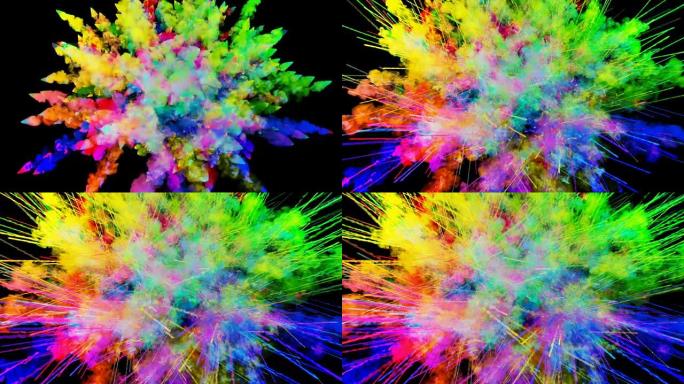 黑色背景上孤立的粉末爆炸。粒子的3d动画作为彩色背景或叠加效果。彩虹色粉的爆发，如胡里节。52