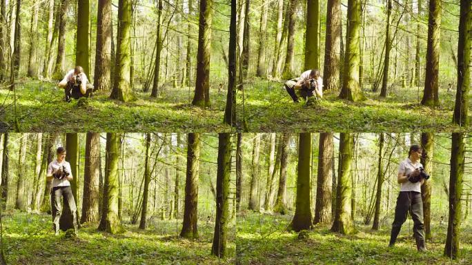 生态学家在森林里拍照。