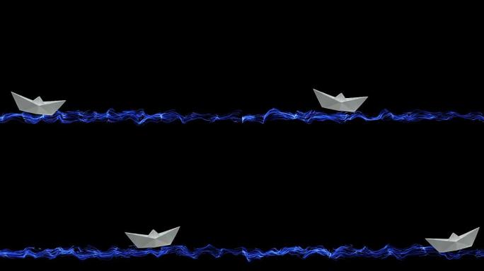 一艘白色折纸船在彩绘的海面上动画航行，屏幕底部的黑色背景上有波浪，上面有你的题词的复制空间。