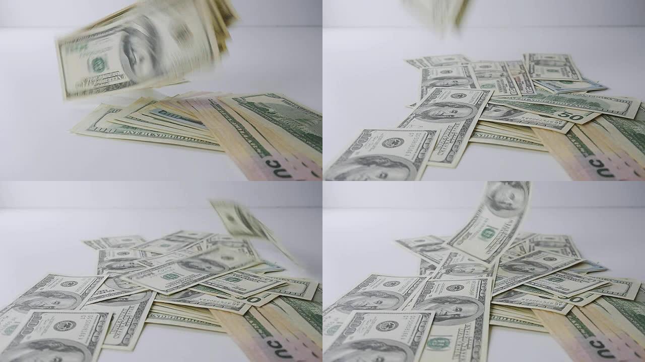 Slow motion of money falling on table. Money Piles