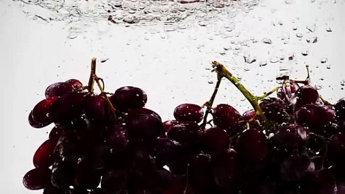 一束红葡萄在慢动作中带着气泡落入水中。白色背景上的成熟浆果。