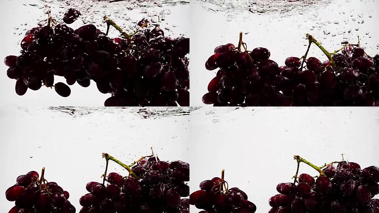 一束红葡萄在慢动作中带着气泡落入水中。白色背景上的成熟浆果。