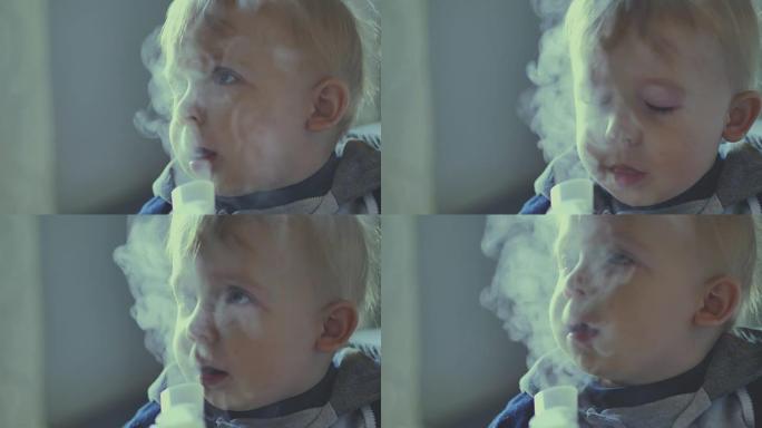 用气雾剂进行吸入器治疗的男婴