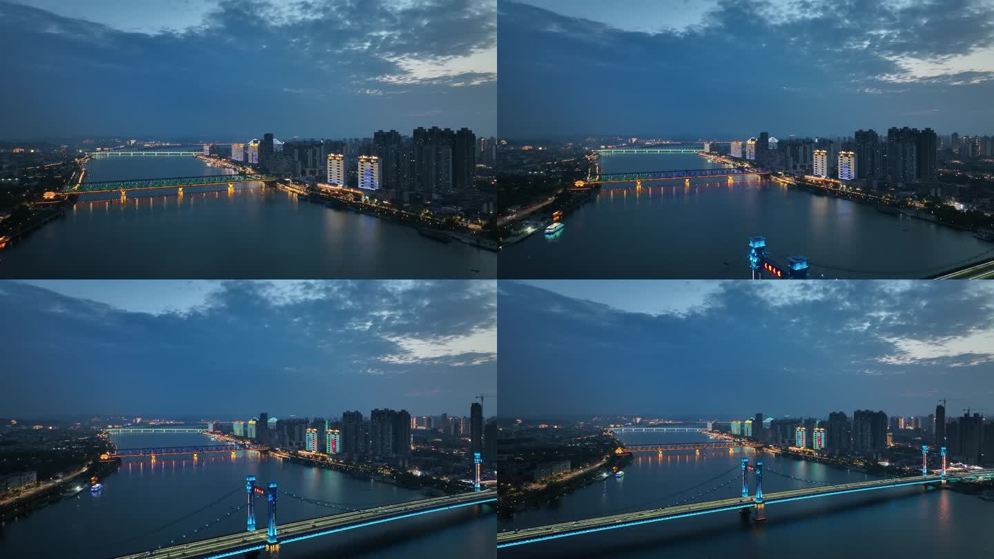 航拍襄阳汉江凤雏大桥城市夜景风光