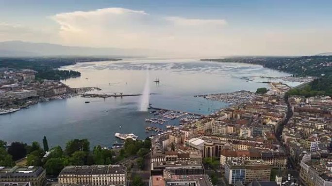 晴天日内瓦湖湾著名喷泉城市景观空中全景4k延时瑞士