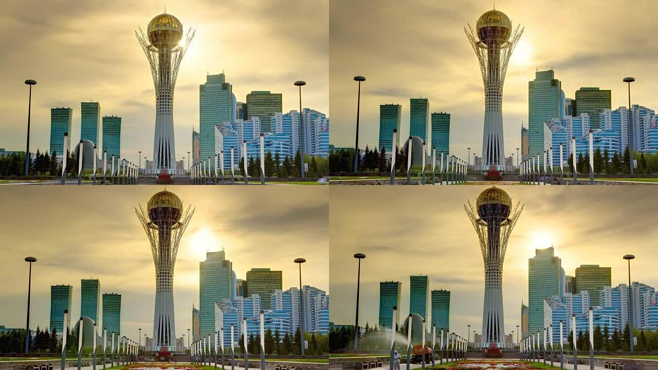 哈萨克斯坦首都阿斯塔纳的Bayterek塔在美丽的日落时光倒流中