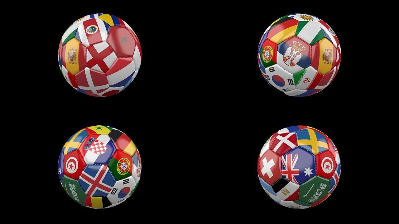 透明的世界各国国旗足球，4k prores 4444镜头，阿尔法通道，循环