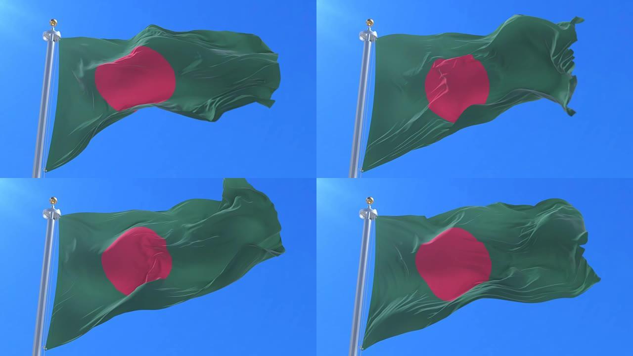 孟加拉国国旗在蓝天下缓慢飘扬，循环
