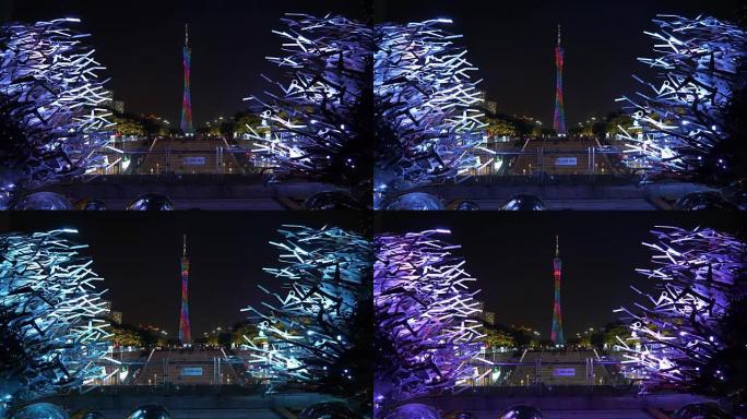 夜景照明广州市著名广州塔拥挤广场全景4k