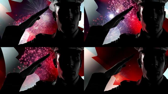加拿大国旗和士兵敬礼烟花展示军事剪影