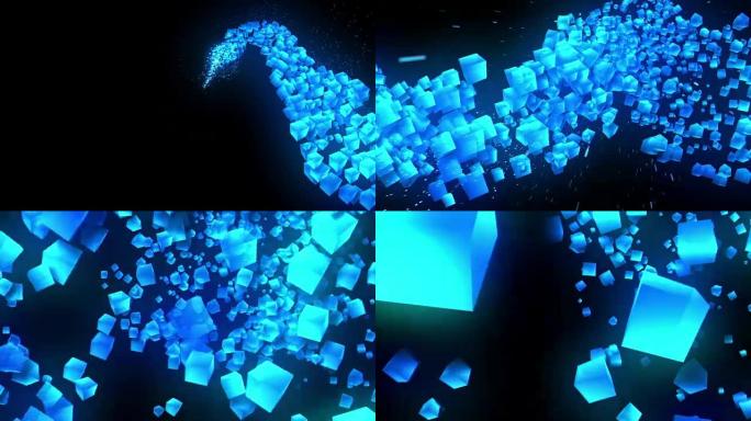 全球商业网络，黑色背景上的蓝色立方体，闪光动画，