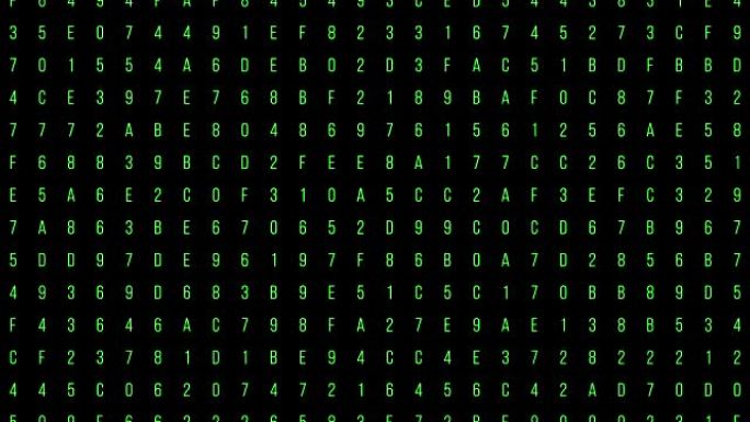 绿屏数字和字母数字代码流，计算机生成无缝循环抽象运动背景，黑客和新技术，网络连接