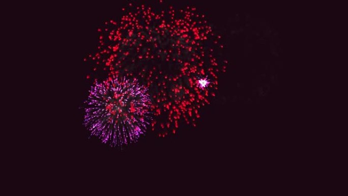 多色烟花循环4k动画。闪烁红色黄色粉色紫色白色和蓝色烟花在夜间背景。