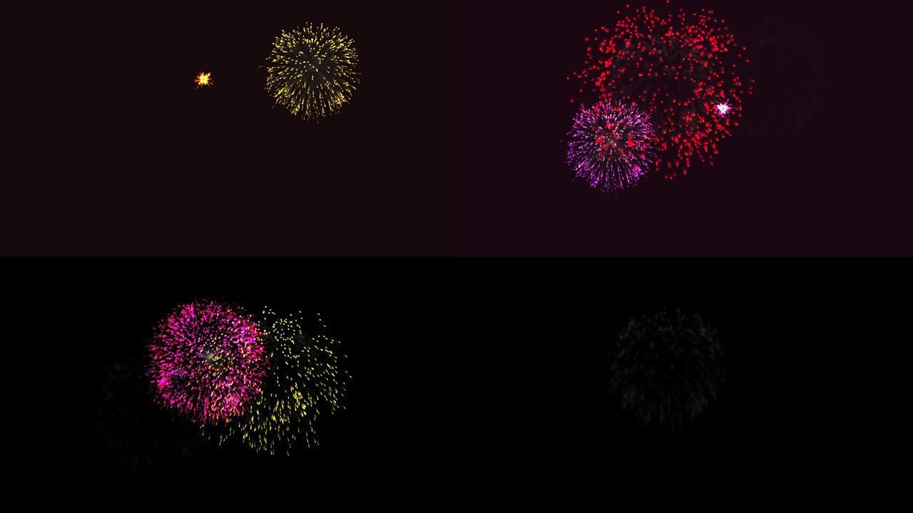 多色烟花循环4k动画。闪烁红色黄色粉色紫色白色和蓝色烟花在夜间背景。