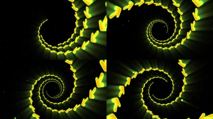 黄色箭头的照明隧道，旋转线循环动画，