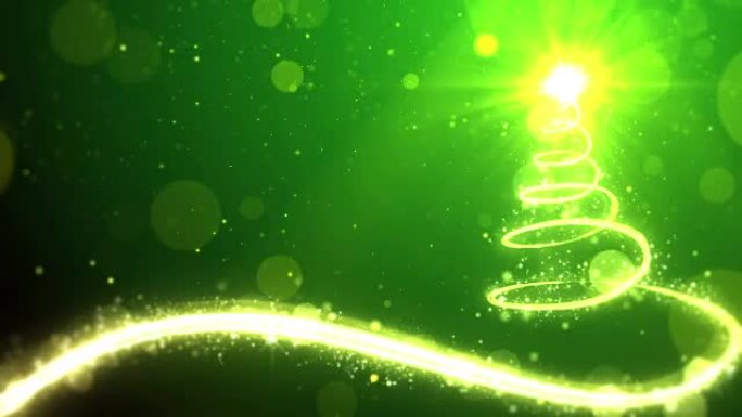 绿色背景上的圣诞树灯，带有文本占位符的复制空间