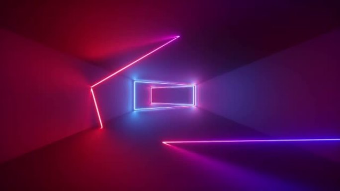 3d渲染，抽象几何背景，荧光紫外线，隧道内旋转的发光霓虹灯线，蓝色红色粉色紫色光谱，旋转形状，循环动