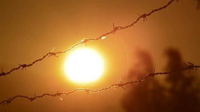 日落时分的太阳在倒钩的铁丝网中