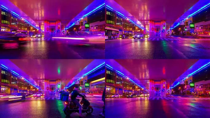 夜间照明上海交通十字路口4k延时中国