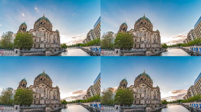 柏林城市天际线在柏林大教堂 (柏林多姆) 和施普雷河，柏林，德国4k时间流逝