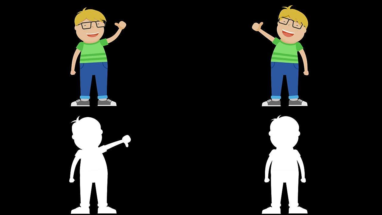 男孩角色动画，拇指向上和拇指向下循环与阿尔法哑光。