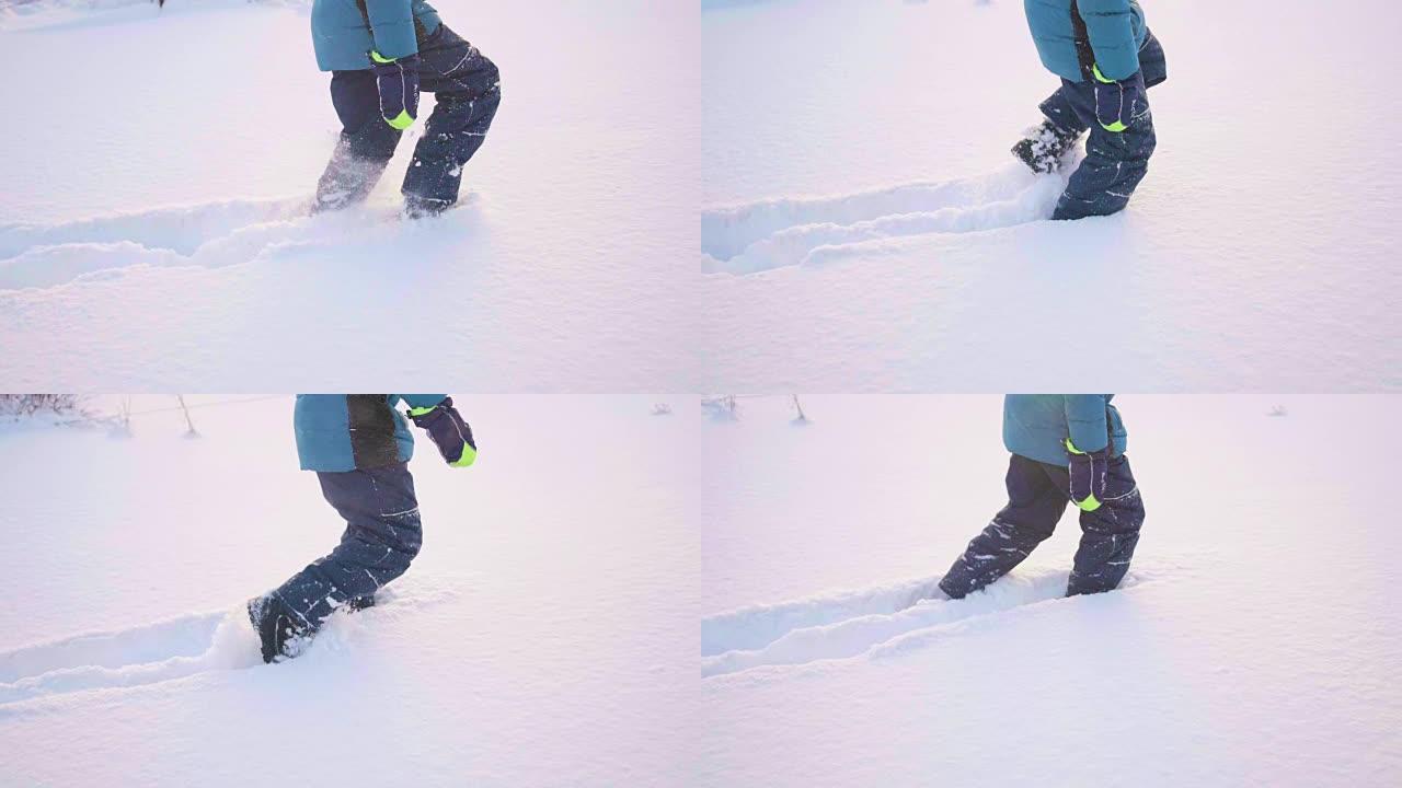 feet closeup coming through deep snow. Walk in the