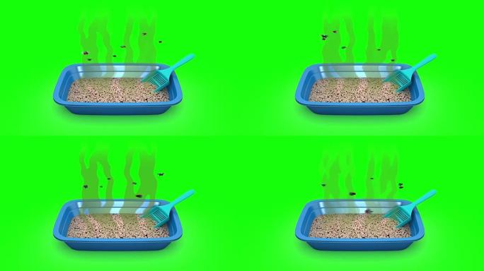 脏猫砂盒。3D动画。绿色屏幕，可循环。