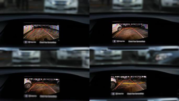 停车场驾驶汽车倒车摄像头的后视数字显示