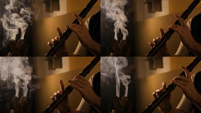 男子演奏日本竹笛-尺八