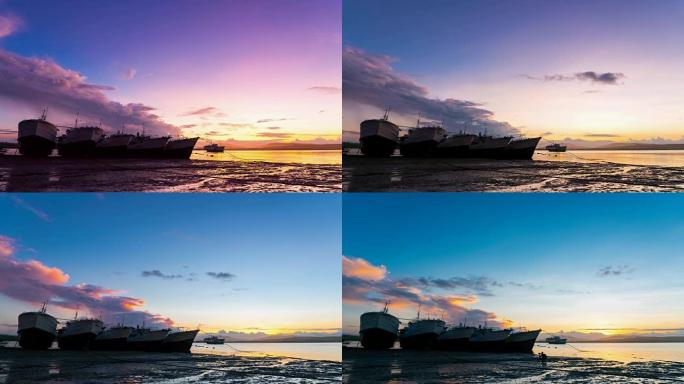 在安达曼海的海滩上沉船，泰国普吉岛有美丽的日出或日落。