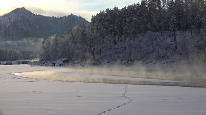 阿尔泰河卡屯冬季早晨时间