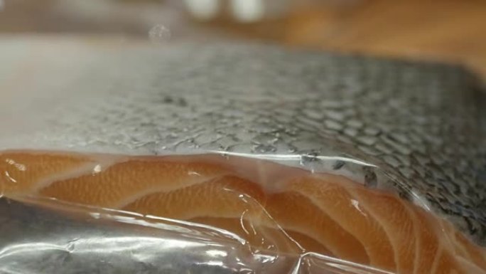 密封真空袋中的新鲜鲑鱼片包装。