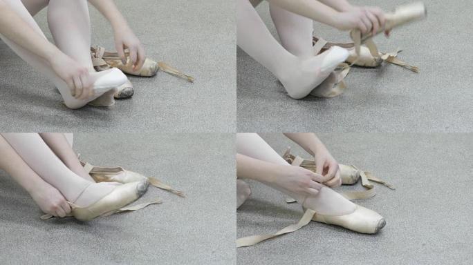 芭蕾舞女演员穿着芭蕾舞鞋，特写镜头，多莉射击