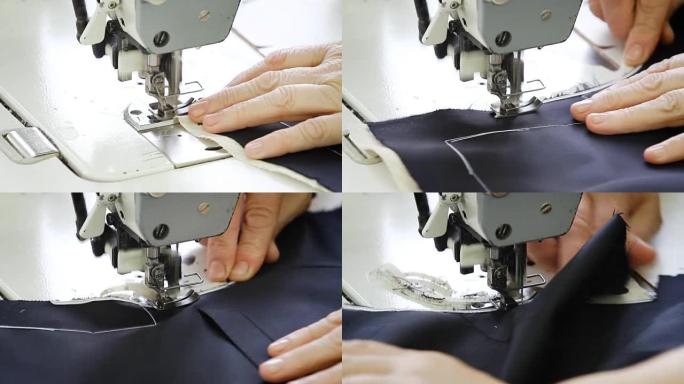 女裁缝用机器缝制一件藏青色的夹克