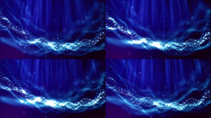 具有景深的可循环抽象粒子背景，灯光和数字元素的辉光闪烁。波蓝粒子在外层空间形成线，线形成曲线表面。V