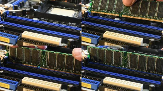 技术人员插入主板插座上的RAM模块。4K，超高清，高清。