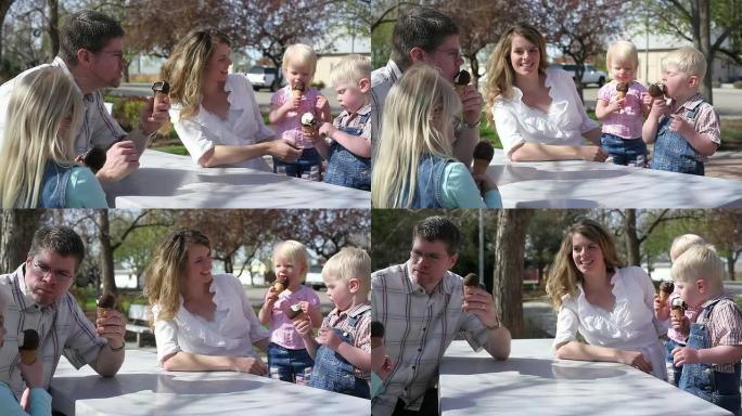 在公园吃冰淇淋的家庭