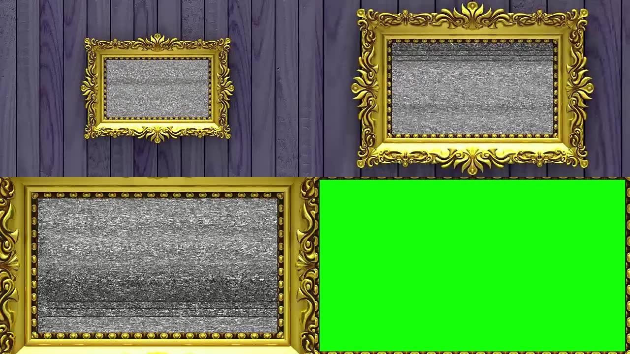 相机放大紫色木头背景上的金色相框。电视噪音和绿色色度键在屏幕上播放。3D动画。