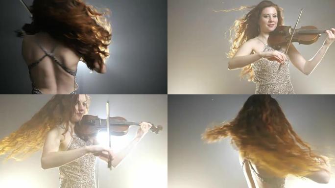 旋律独奏，穿着华丽连衣裙的女人在明亮的泛光灯下用弦乐器演奏