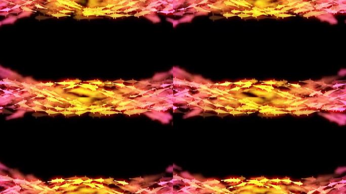 抽象博克灯光闪耀花式鲤鱼或锦鲤鱼游泳图案黄色和粉色渐变彩色插图在深色背景上，无缝循环动画4K与中心复