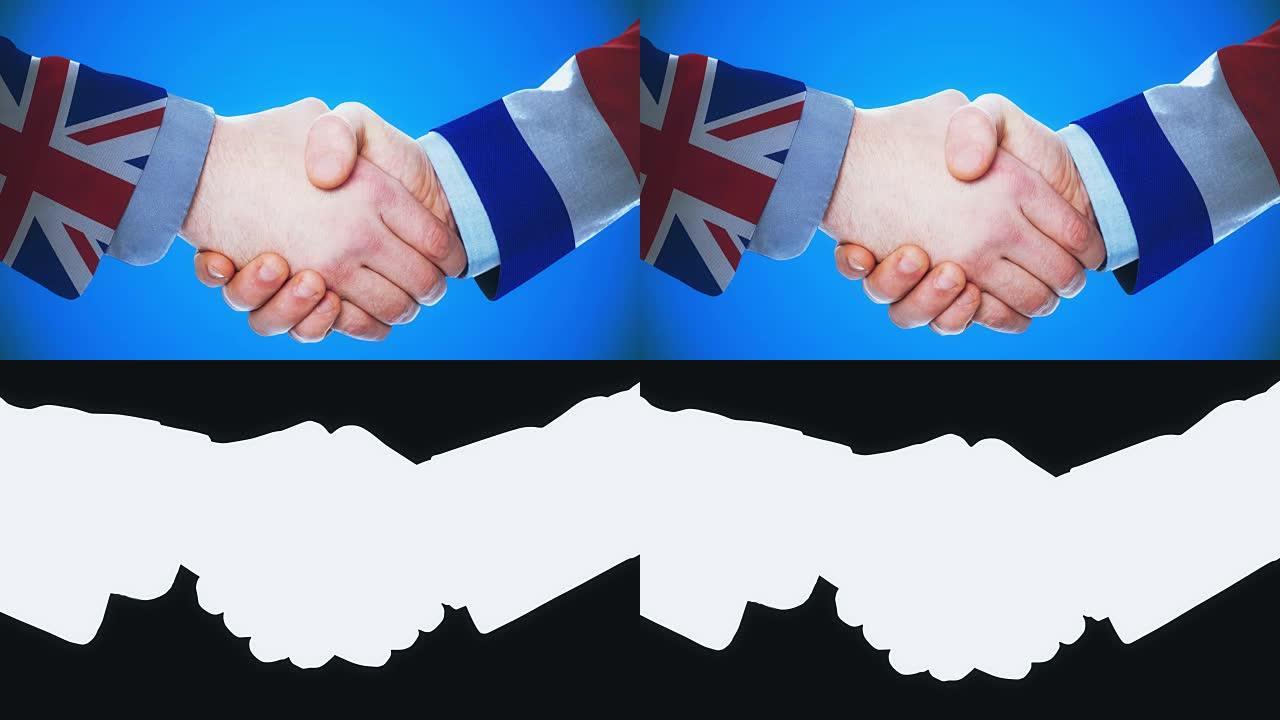 英国-法国/握手概念动画关于国家和政治/与matte频道