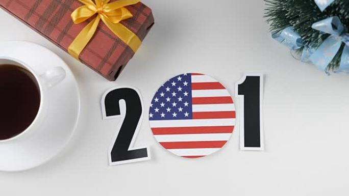 插图，新年，男性手改变年份2017年2018年，美利坚合众国国旗，卡昂特里球。
