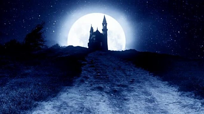 夜晚山上的城堡，背景是月亮