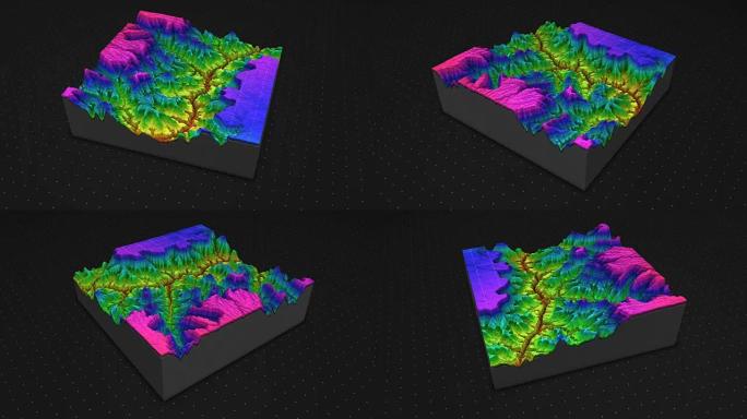 土壤切片的3d渲染，山脉孤立在黑暗背景上。