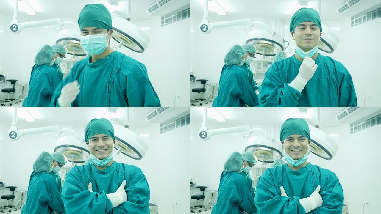 男医生在手术室微笑着看着镜头。医学概念。