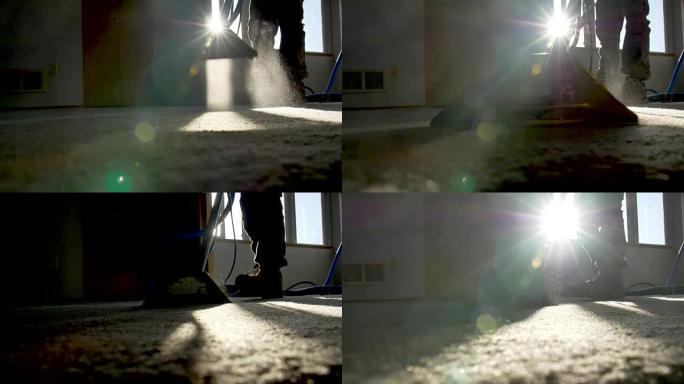 专业清洁剂蒸汽清洁地毯特写地毯阳光剪影真空