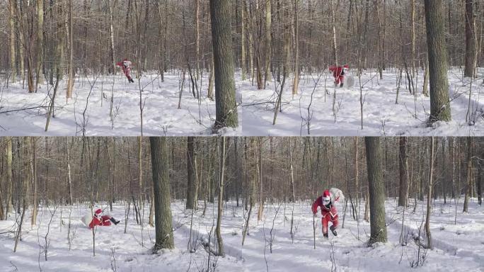 圣诞老人正在逃跑，在白雪覆盖的森林中跌跌撞撞。